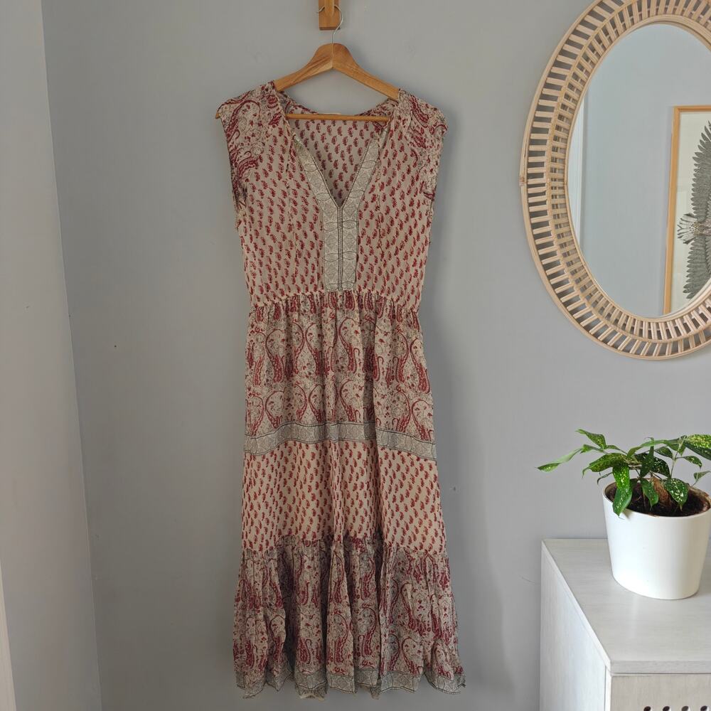 Ulla Johnson Tropez Silk Paisley Georgette Tiered Midi Dress Cream Red Size 4